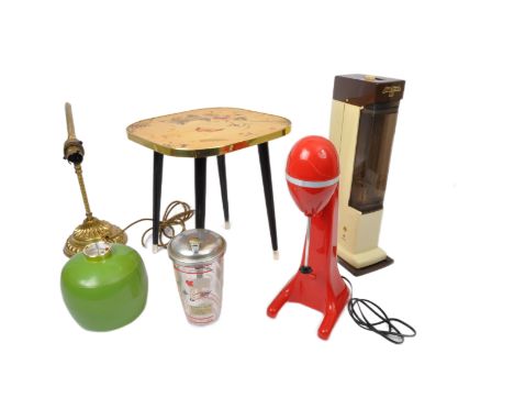 An assortment of retro vintage 20th Century decorative interior items. Comprising of; small floral stool, Soda Stream 101, Am