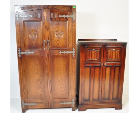 Jacobean revival oak bachelors wardrobe and similar single full size wardrobe, both in the manner of Old Charm / Jaycee Furni