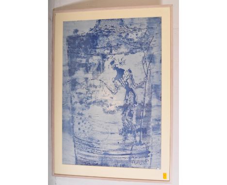 Large, framed Batik panel in blue and light colourways, framed and glazed.