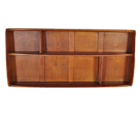 Ercol - A vintage retro mid 20th century light elm wall mounted Ercol plate rack having two bowed shelves.