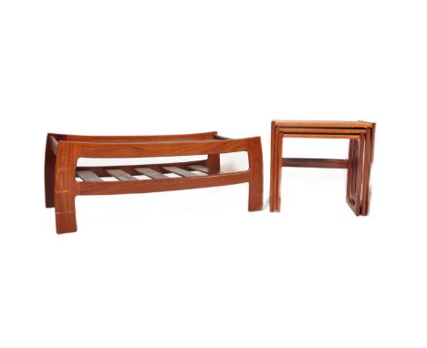 A retro vintage 20th century G Plan teak wood nest of tables in the quadrille pattern along with a G Plan glass top coffee ta
