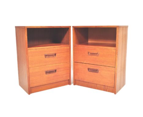 A pair of vintage retro mid 20th century circa. 1960s G-Plan Fresco style teak bedside cabinets / tables, each having pigeon 