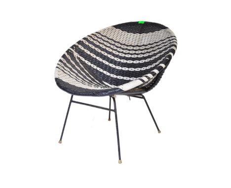 A retro vintage mid 20th Century circa 1960s woven black &amp; white satellite sputnik chair. Of round form ebonised metal su