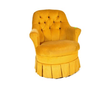 A retro vintage mid 20th century upholstered velvet button back easy bedroom chair in a yellow colourway.&nbsp;Measures appro