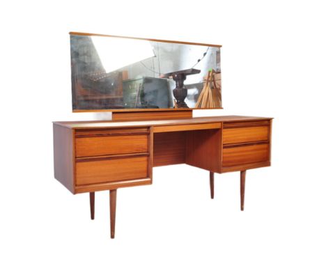 Austin Suite - Mid-century teak wood dressing table being raised on splayed legs with suspended body of 4 deep drawers having