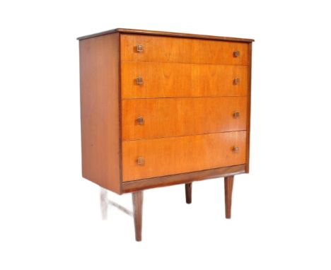 A retro vintage mid 20th Century teak chest of drawers. Of rectangular form with a bank of four drawers with square metal and