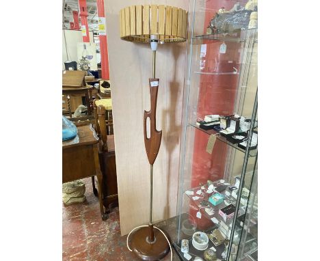 A vintage mid century teak Scandinavian design floor lamp with wooden slatted shade, h133cm shipping unavailable