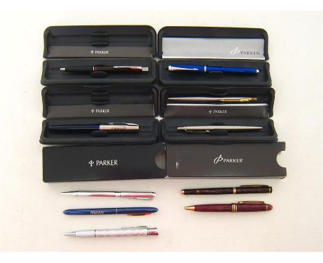 Parker. A lot comprising two Parker Jotter ballpoint pens, a Parker Frontier fountain pen with etched promotion to the cap an