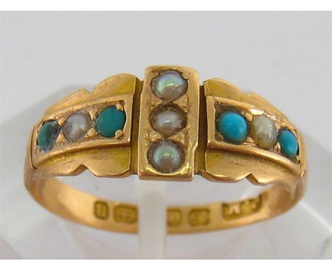 A Victorian 15 carat gold, seed pearl and turquoise ring, the shank hallmarked Birmingham 1887, finger size M, 2.2gms
Conditi
