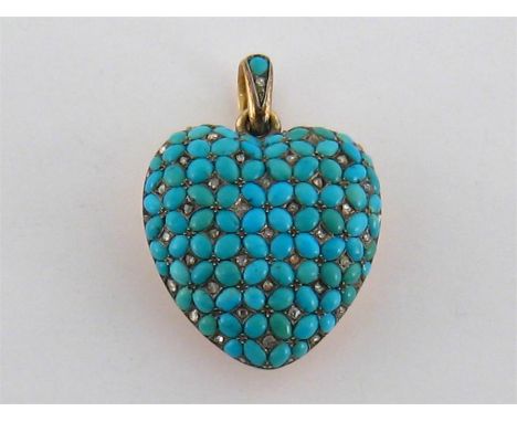A mid-Victorian gold, Persian turquoise and diamond heart-shaped locket, circa 1870, the front set overall with oval turquois