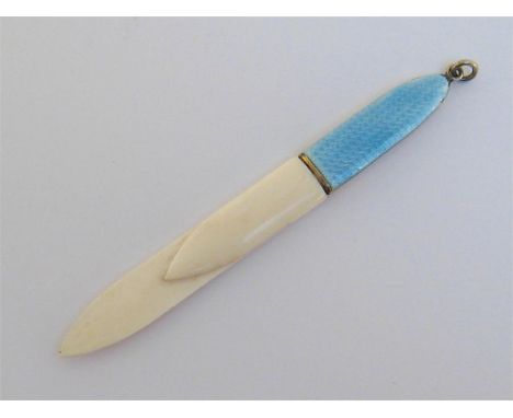 An ivory combination letter-opener and book mark in the style of Faberge with pale blue guilloche-enamelled silver handle and