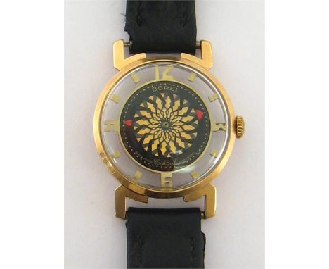 Borel, ‘Cocktail’, a gilt metal manual wind skeleton wristwatch, the circular dial with kaleidoscopic centre, red hour and mi