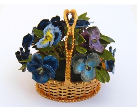 A gilt metal and enamel ornament, modelled as a basket of pansies, 6.5cm high
