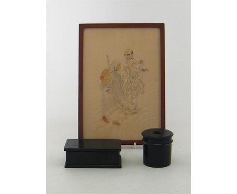 A framed  Japanese painting on silk of two travellers, 26x19cm. , together with a velvet and satin-lined ebony ring box, 11x6