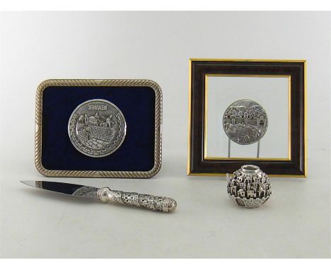 Judaica:- A group of four Israeli metal ware items stamped “.925”, comprising two framed medallions depicting views of Jerusa