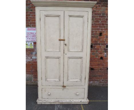 A LARGE VINTAGE TWO DOOR PAINTED PINE CUPBOARD - H 240 CM, W 133 CM, D 51 CM