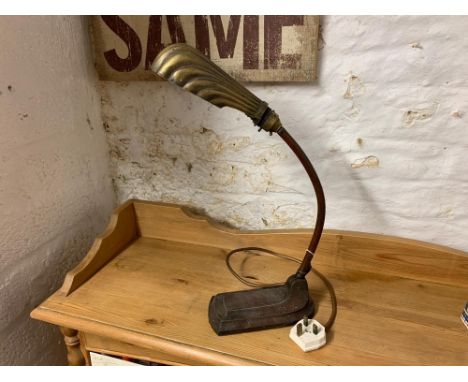 A 1920S COPPER ADJUSTING DESK LAMP WITH SHELL SHAPED WHITE METAL SHADE