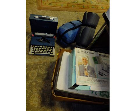 TWO BOXES OF DRINKING GLASSES TOGETHER WITH A TYPEWRITER ETC.