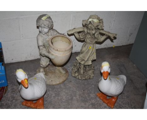 TWO GARDEN FIGURES TOGETHER WITH 2 CERAMIC GEESE 