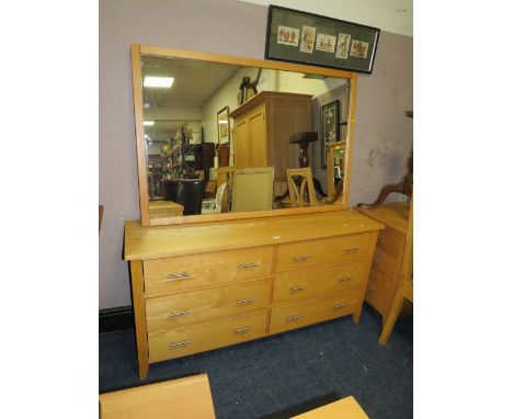 A MODERN LIGHT OAK SIX DRAWER CHEST, H-75 W-149 CM WITH A MODERN LARGE MIRROR (2)