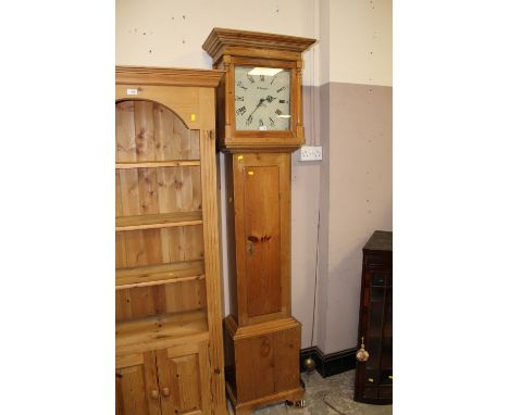AN OLD PINE 30HR LONGCASE CLOCK BY W.LAWDER V- PENDULUM AND WEIGHT H-206 CM