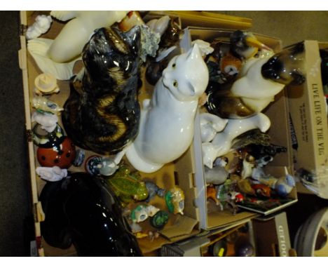 TWO TRAYS OF ASSORTED CERAMIC AND OTHER FIGURES TO INCLUDE FOUR LARGE SEATED CAT FIGURES