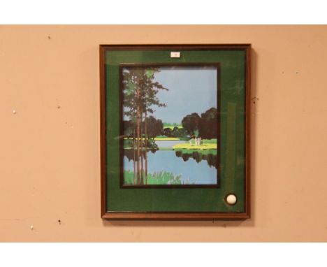 A FRAMED GLAZED GOLF INTEREST PRINT WITH INSET GOLF BALL LOWER RIGHT, OVERALL SIZE INCLUDING FRAME 64 CM BY 74 CM