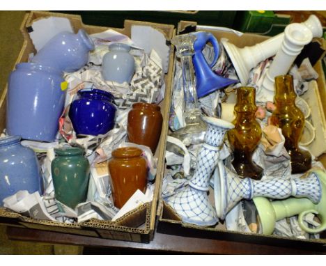 A TRAY OF ASSORTED CANDLE STICKS TOGETHER WITH A SMALL TRAY OF STONEWARE VASES
