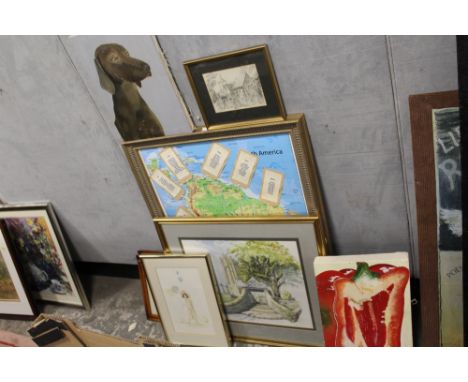 A COLLECTION OF ASSORTED PICTURES AND PRINTS TO INCLUDE OIL ON CANVASSES, WATERCOLOUR PORTRAIT STUDIES , MAPS ETC (11) 