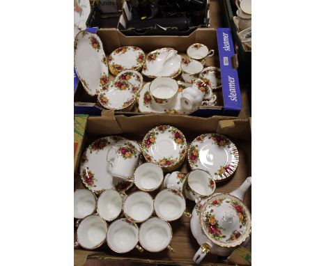 TWO TRAYS OF ROYAL ALBERT OLD COUNTRY ROSES CHINA, TO INCLUDE TEAPOT, TRIOS ETC.