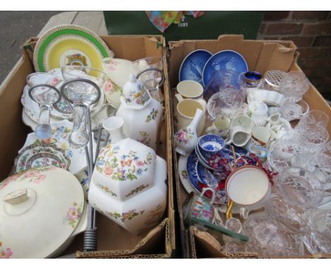 TWO TRAYS OF CERAMICS AND GLASSWARE TO INCLUDE ROYAL WORCESTER, COPENHAGEN, AYNSLEY AND COALPORT ETC