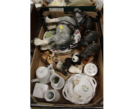 A TRAY OF ASSORTED CERAMICS TO INCLUDE RUSSIAN ANIMAL FIGURES AND COALPORT