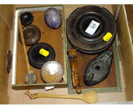 TWO CHINESE HARD WOOD STANDS, A REPLICA ROMAN OIL LAMP, TWO SNUFF CONTAINERS, A CIGAR BOX, A HARD STONE EGG AND STAND, A SMAL