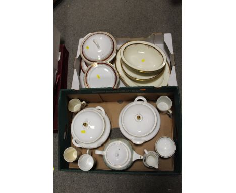 TWO TRAYS OF ASSORTED CHINA TO INCLUDE A WEDGWOOD COLUMBIA TEAPOT, MINTON GLOUCESTER CHINA, AND ROYAL DOULTON TUREENS