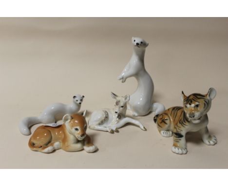 FIVE CERAMIC RUSSIAN ANIMAL FIGURES
