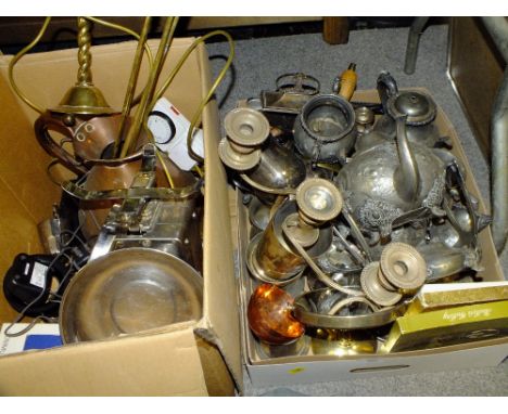 TWO BOXES OF ASSORTED METALWARE TO INCLUDE A PEWTER TEA SERVICE, WITH DAMAGES