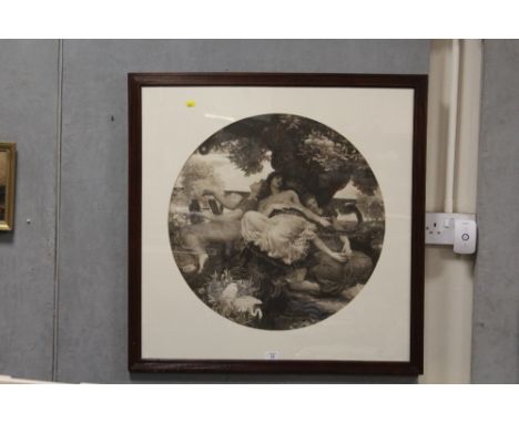 A LARGE BLACK AND WHITE PRINT OF A LADY ENTWINED BY A SERPENT 