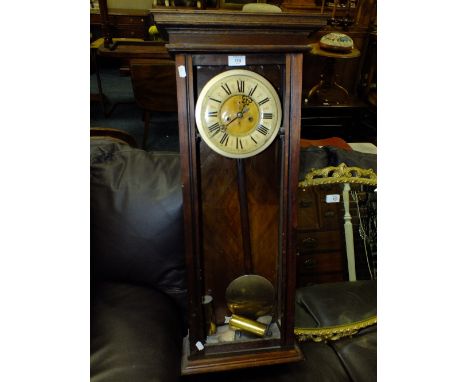 A VINTAGE MAHOGANY WALL CLOCK WITH WEIGHTS AND PENDULUM, FRONT GLASS MISSING, H 97 CM