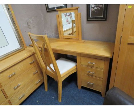 A MODERN LIGHT OAK TWIN PEDESTAL DRESSING TABLE H-76 W-146 CM WITH A MIRROR AND CHAIR