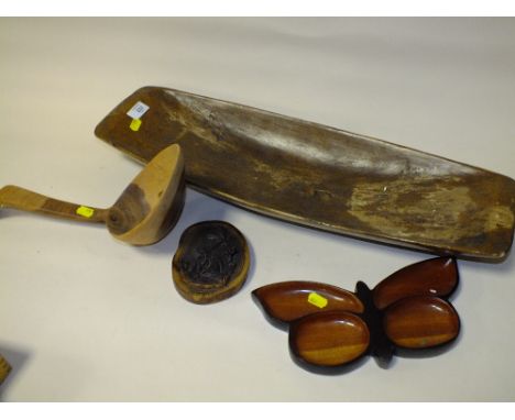 A LARGE NORTH AMERICAN WOODEN LADLE, WOODEN DOUGH BOWL, BUTTERFLY SHAPED DISH AND A HOLY LAND CARVED OLIVE WOOD PLAQUE (4)