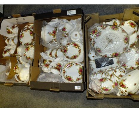 THREE TRAYS OF ROYAL ALBERT OLD COUNTRY ROSES CHINA, TEA AND COFFEE SET INCLUDING POTS, PLATES, CLOCK, PICTURE FRAME, CANDLE 