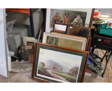 A COLLECTION OF ASSORTED PICTURES, PRINTS AND MIRRORS TO INCLUDE BEVEL EDGED WALL MIRRORS, THREE KINGS EQUESTRIAN INTEREST PR