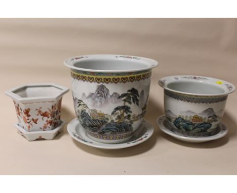 THREE MODERN HAND PAINTED ORIENTAL CERAMIC PLANTERS, LARGEST DIA. 27 CM