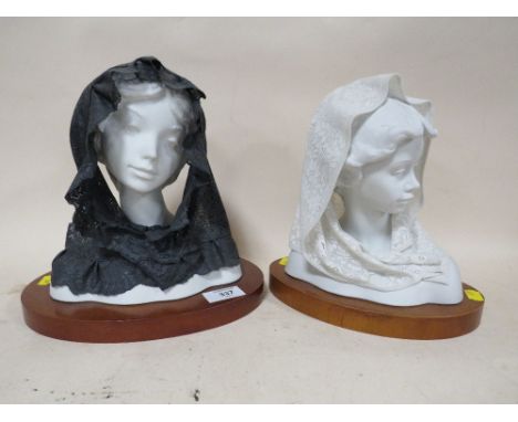 TWO LLADRO STYLE CERAMIC BUSTS OF LADIES IN VEILS - BOTH WITH LOSSES TO VEILS
