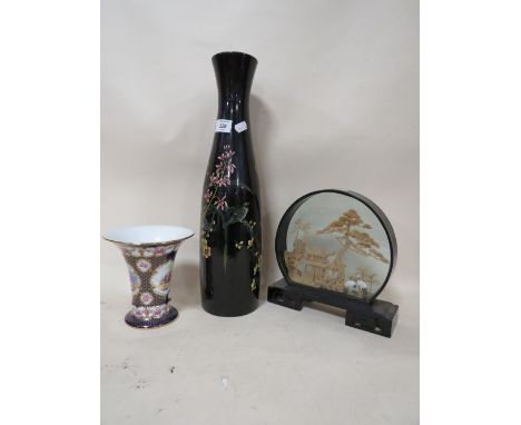 AN ORIENTAL CARVED CORK DIORAMA  TOGETHER WITH A CERAMIC VASE AND ANOTHER (3)