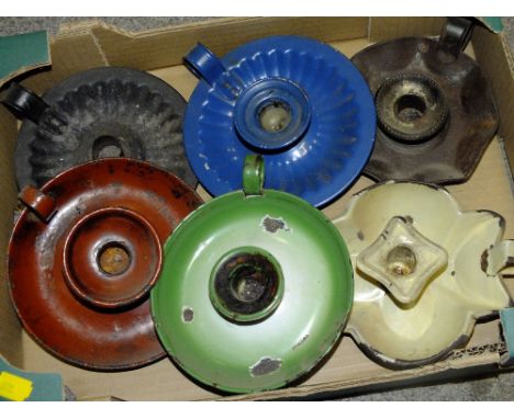 SIX VINTAGE ENAMEL CHAMBER STICKS 