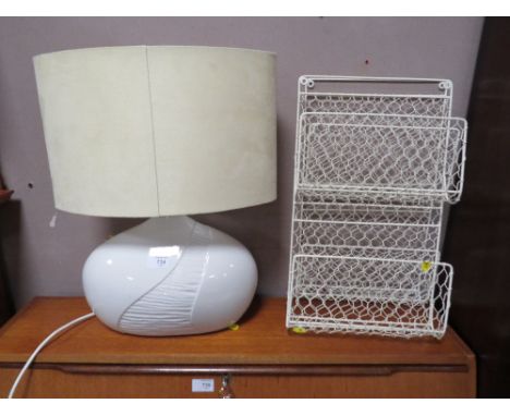 A MODERN BELLEEK TABLE LAMP WITH SHADE, WITH TWO WIREWORK PAPER HOLDERS (3)