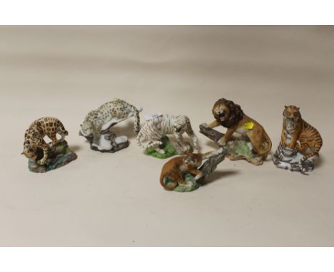 SIX THE FRANKLIN MINT 'THE GREAT CATS OF OUR WORLD' MATT FINISH CERAMIC FIGURES