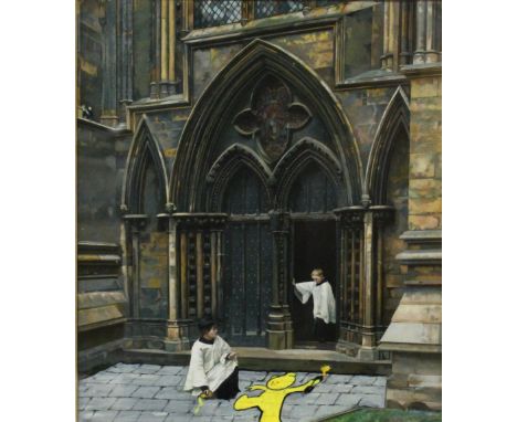 MODIFIED ART IN THE STYLE OF BANKSY, MADE FROM AN ORIGINAL FRAMED PRINT DEPICTING CHOIR BOYS ON THE STEPS OF A CATHEDRAL, wit