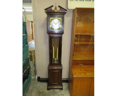 A MODERN MAHOGANY GRANDMOTHER CLOCK WITH TWO WEIGHTS AND PENDULUM 